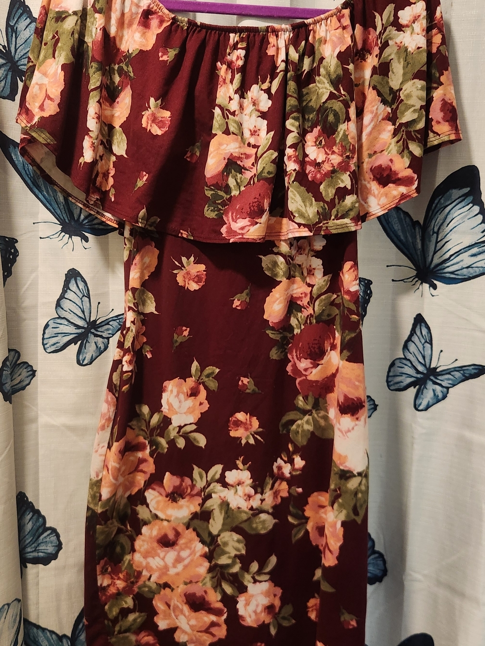Brat Star Floral Off-Shoulder Maxi Dress in Burgundy and Peach